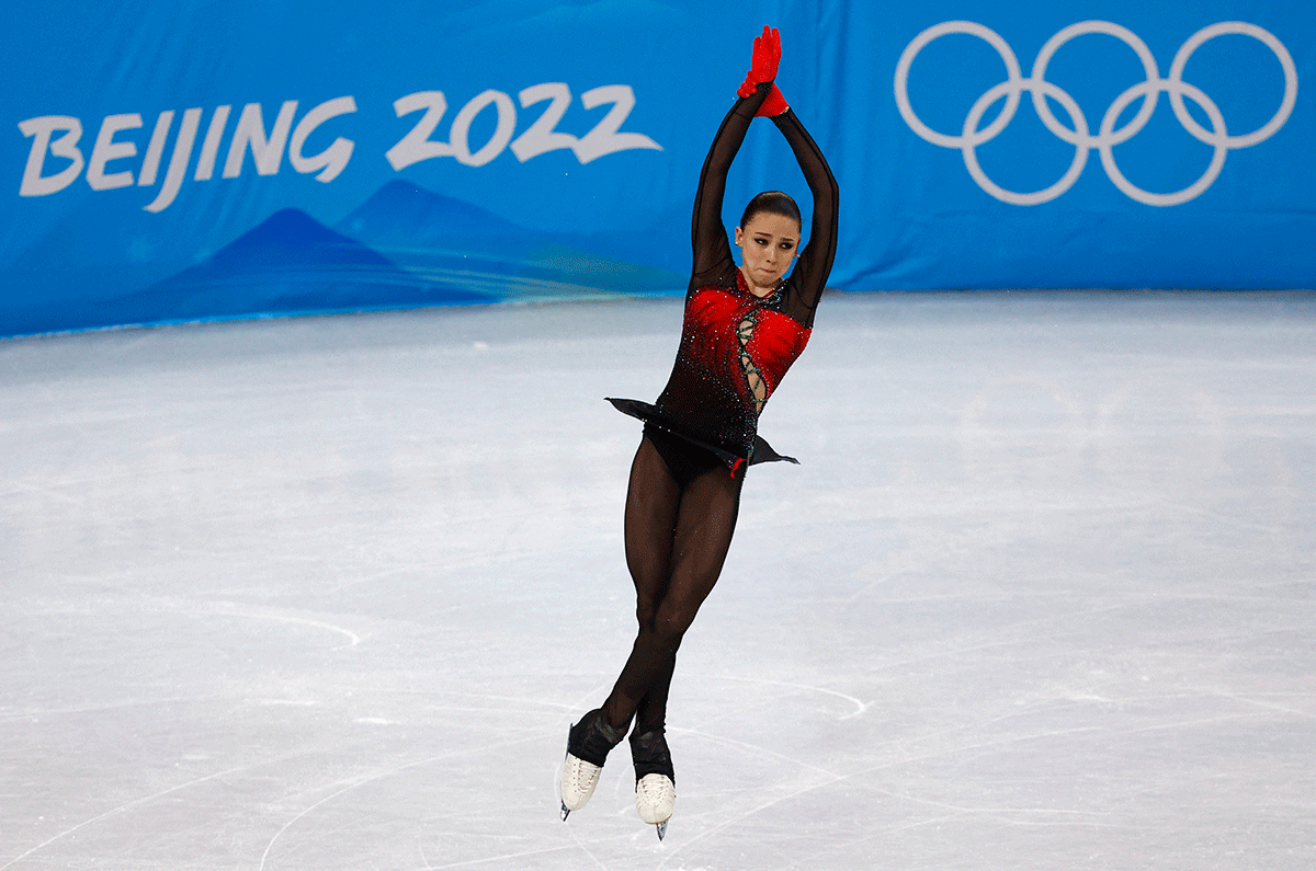 Kamila Valieva of the Russian Olympic Committee in action during the women single skating free skating event at Capital Indoor Stadium, Beijing