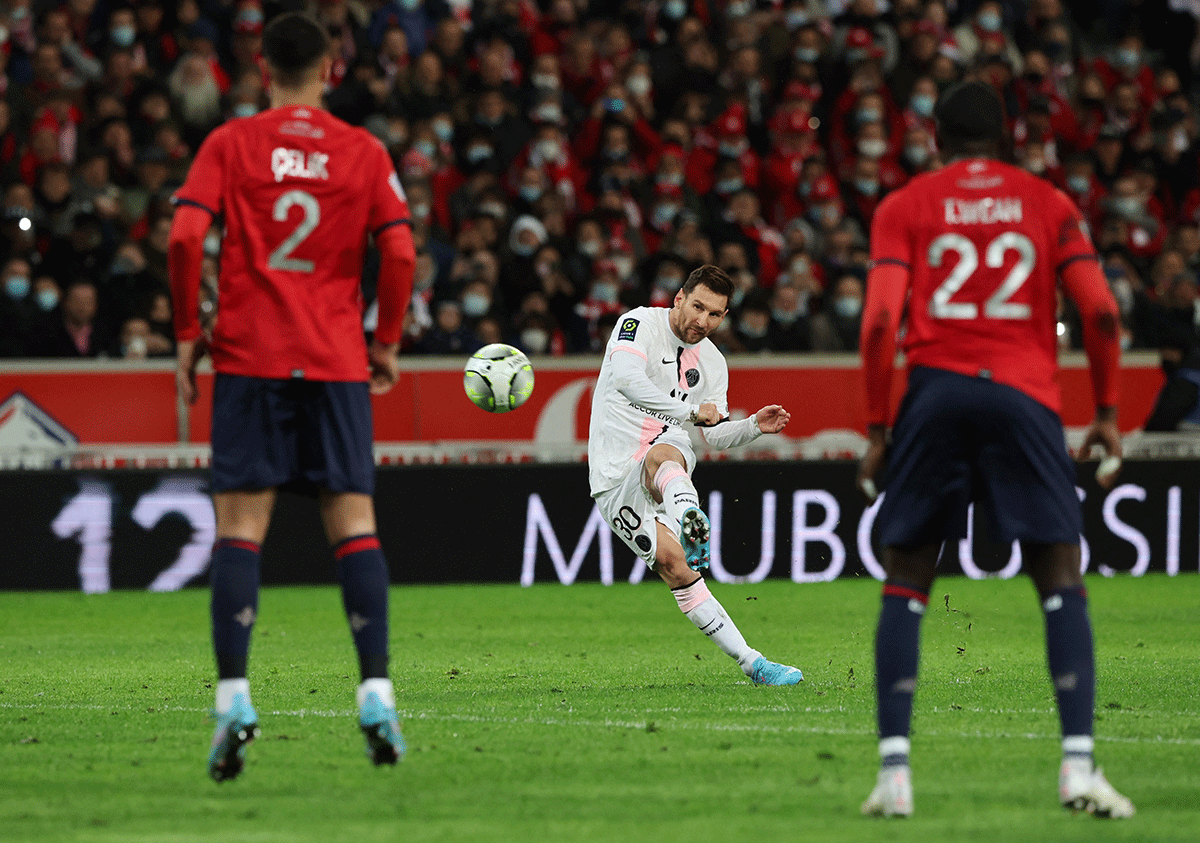 Paris St Germain's Lionel Messi shoots at goal during the Ligue 1 match against Lille at Stade Pierre-Mauroy, Villeneuve-d'Ascq, France, on Sunday 