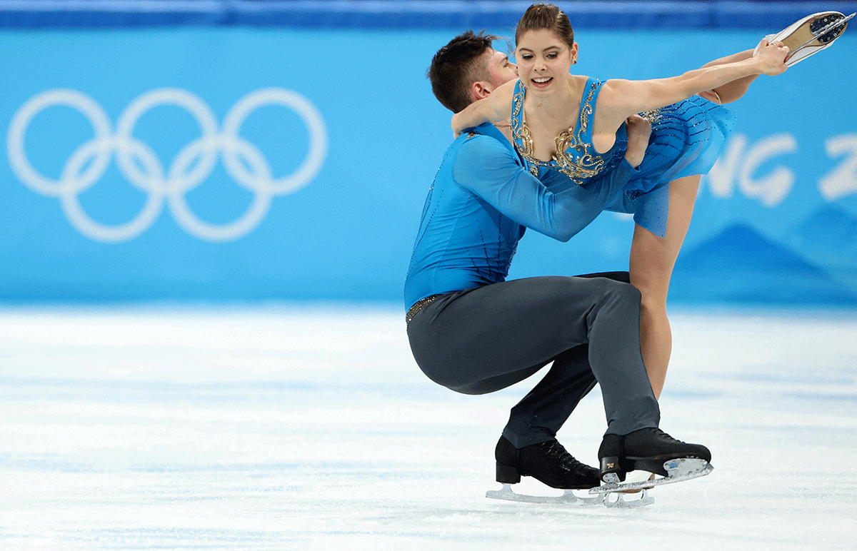 Russian Olympic Committee's Anastasia Mishina and Aleksandr Galliamov of the in action during the Pair Skating - Free Skating Figure skating event at  Capital Indoor Stadium, Beijing, China on Sunday