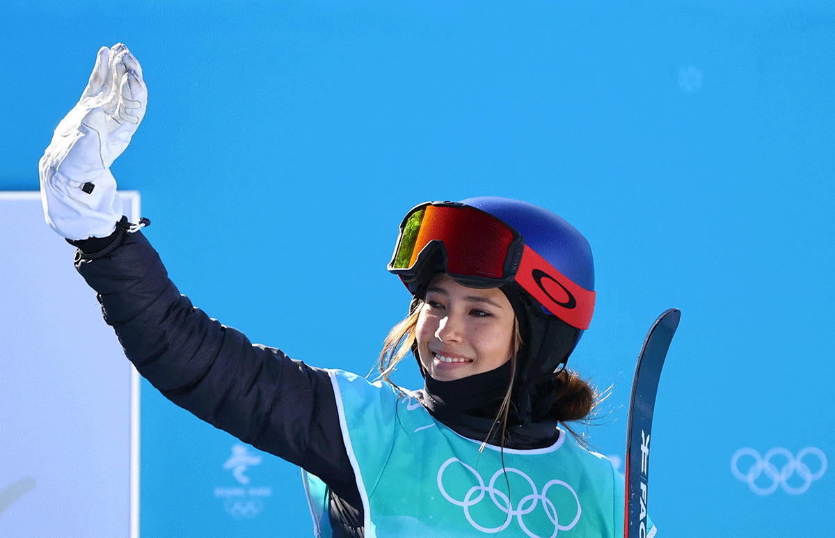 Gu Ailing Eileen of China reacts after her run during the Freestyle skiing Women's Freeski Big Air final Run 2 at the Big Air Shougang, Beijing on Tuesday