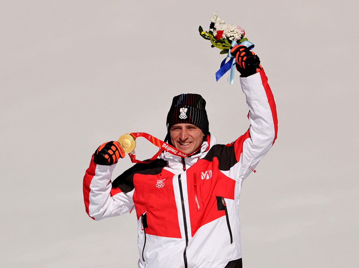 Gold medalist Matthias Mayer of Austria poses with his medal during victory ceremony of the Alpine Skiing Men's Super G at the National Alpine Skiing Centre, Yanqing district, Beijing