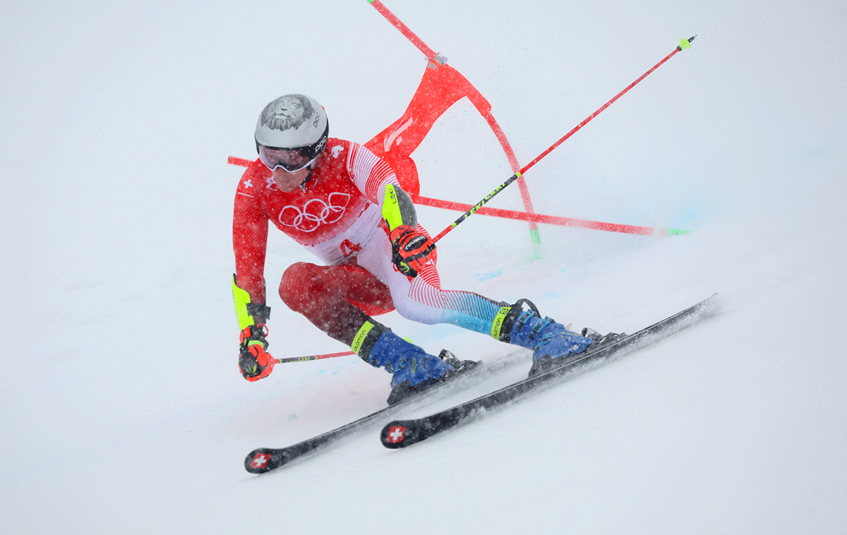Marco Odermatt of Switzerland in action during the Alpine Skiing Men's Giant Slalom Run 1 at National Alpine Skiing Centre, in Yanqing district in Beijing on Sunday