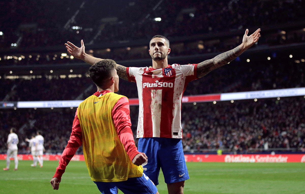 Atletico Madrid's Mario Hermoso celebrates scoring the winner against Getafe during their La Liga match at Wanda Metropolitano in Madrid