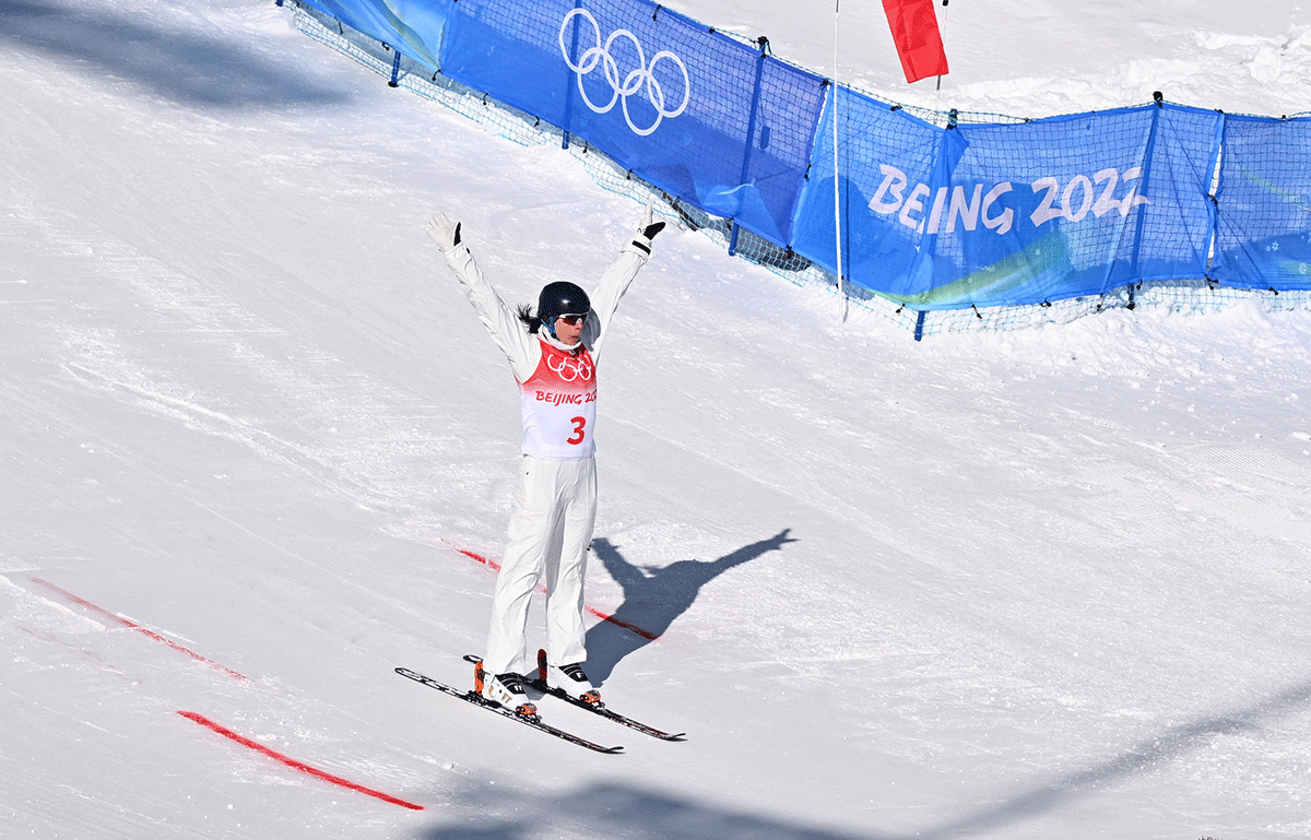 Laura Peel of Australia reacts after her run in Freestyle Skiing Women's Aerials Qualification 1 at Genting Snow Park, Zhangjiakou, China on Monday