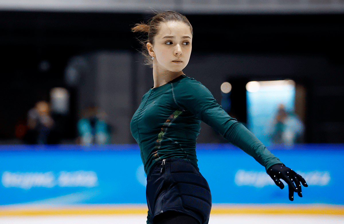  Kamila Valieva of the Russian Olympic Committee in action during training
