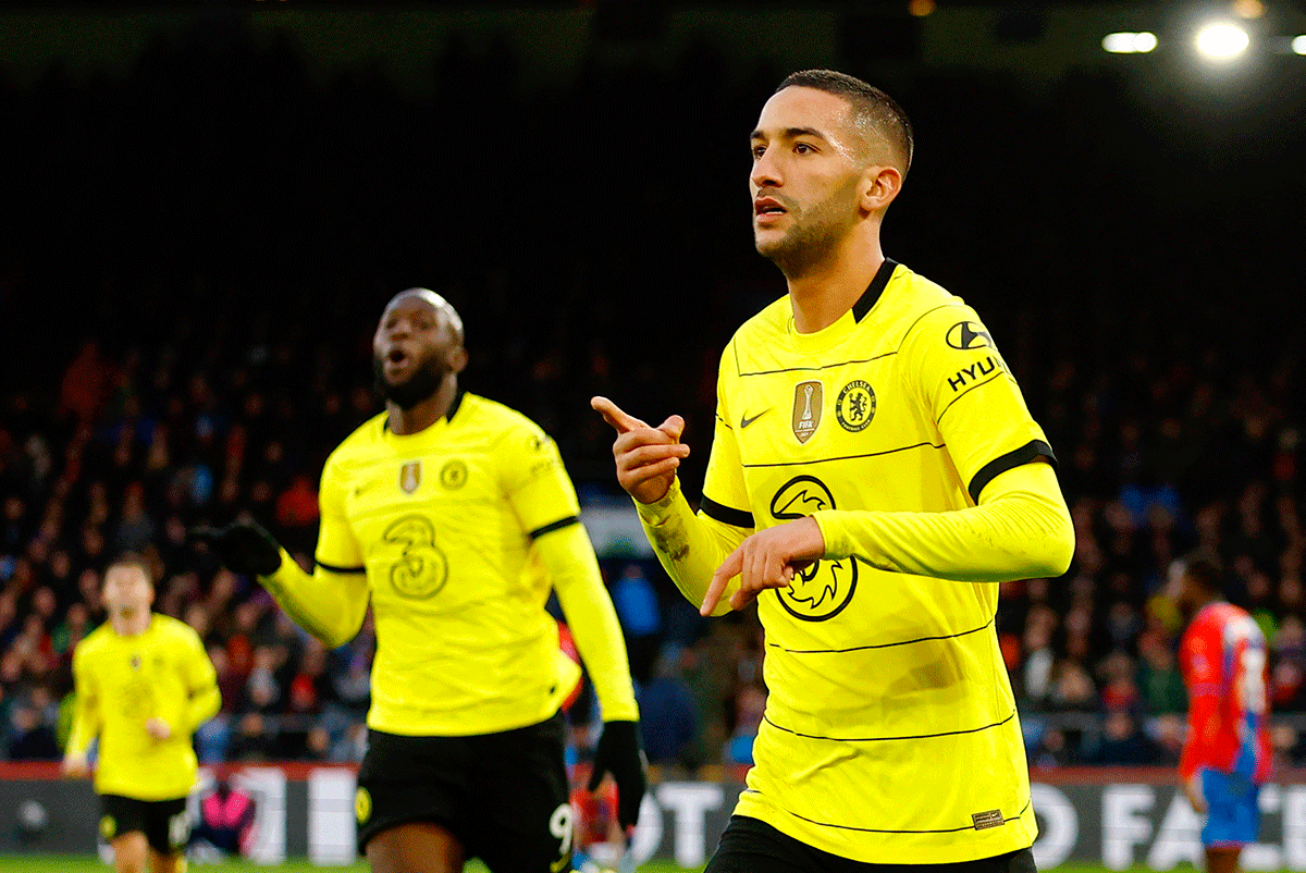 Chelsea's Hakim Ziyech celebrates scoring the winner against Crystal Palace at Selhurst Park, London