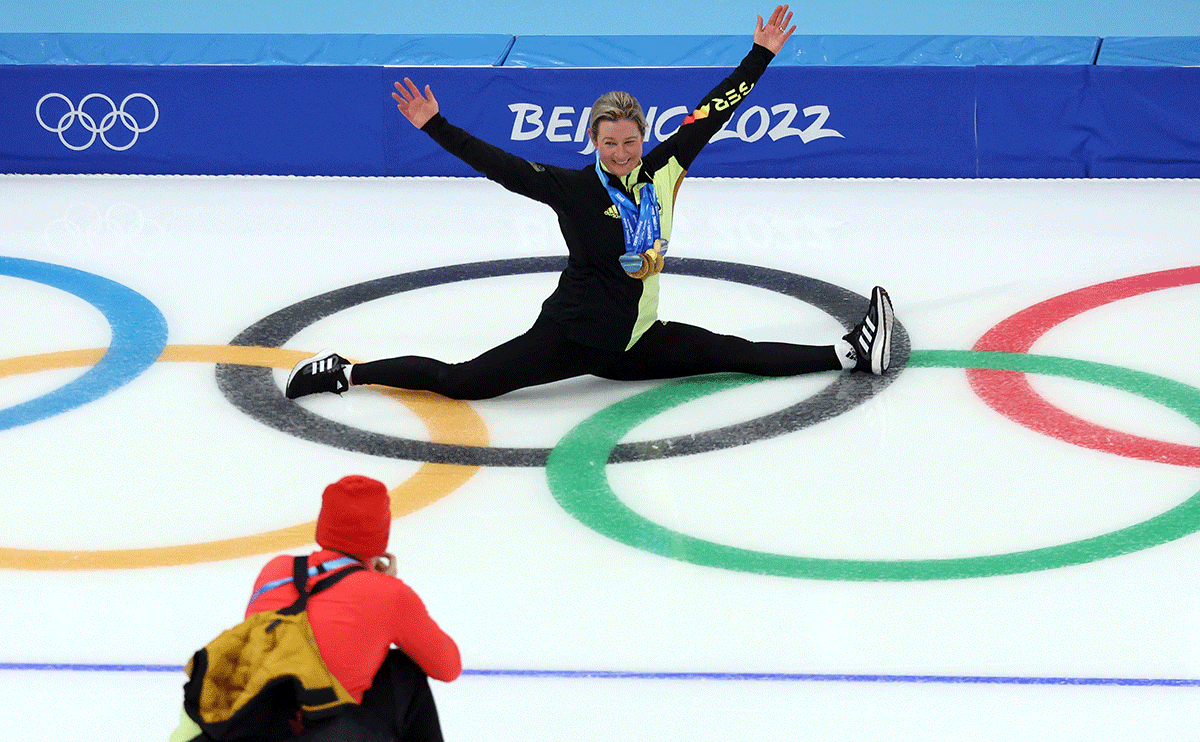 Speed skater Claudia Pechstein of Germany reacts after competing in the Women's mass start final at National Speed Skating Oval in Beijing on Saturday