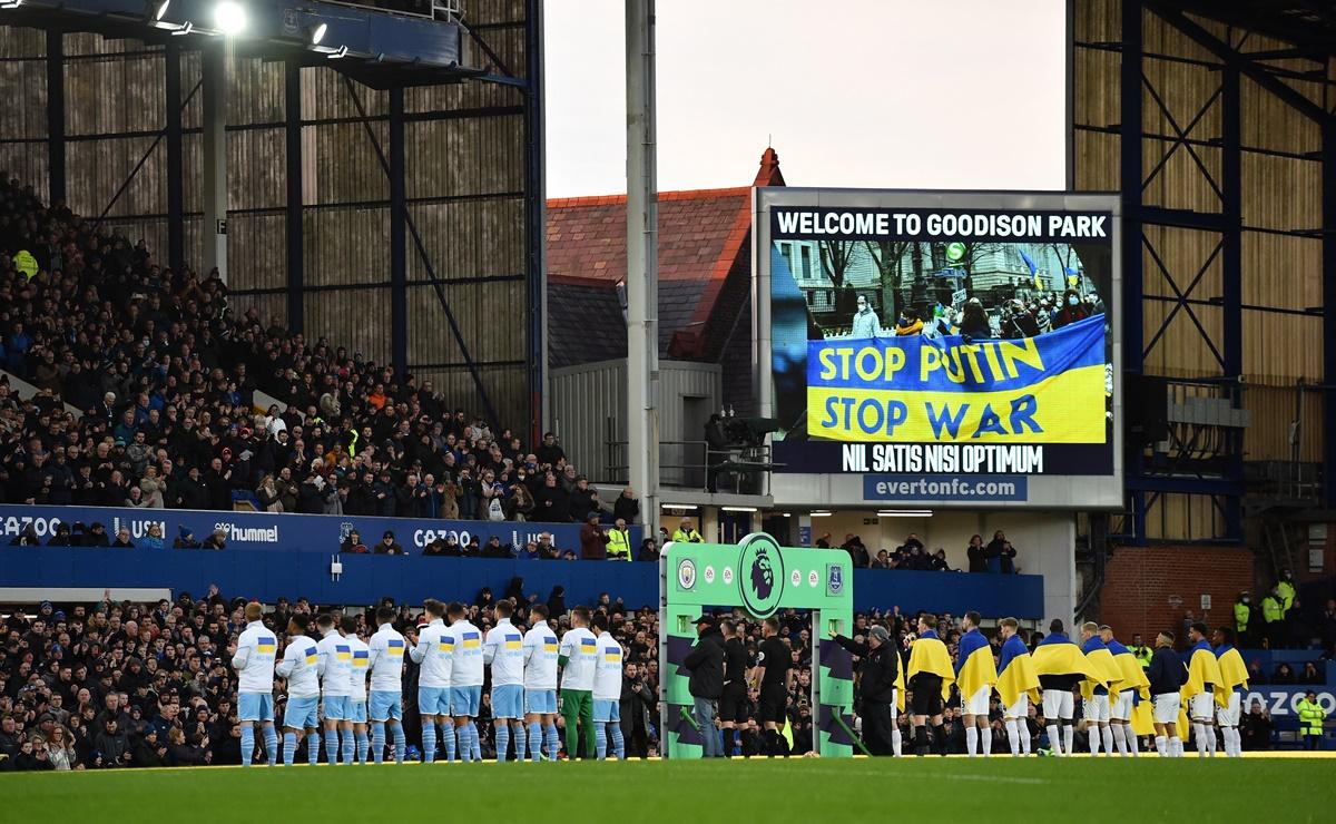 A general view of Goodison Park, Liverpool, as Everton and Manchester City players line-up before their match.