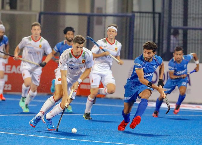 Action in the India-Spain men's FIH Pro League match in Bhubaneswar. 
