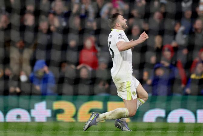 Stuart Dallas celebrates scoring Leeds United's second goal against Burnley, at Elland Road, Leeds.