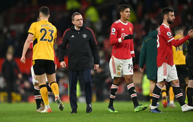 Ralf Rangnick (2nd from left) suffered his first defeat as Manchester United's interim manager in the match against Wolverhampton Wanderers on Monday 