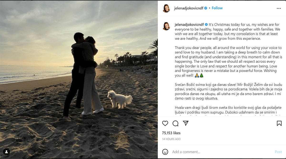 Novak Djokovic's wife Jelena posted a photo of the couple embracing on a beach to mark Orthodox Christmas, saying: "The only law that we should all respect across every single border is love and respect for another human being".