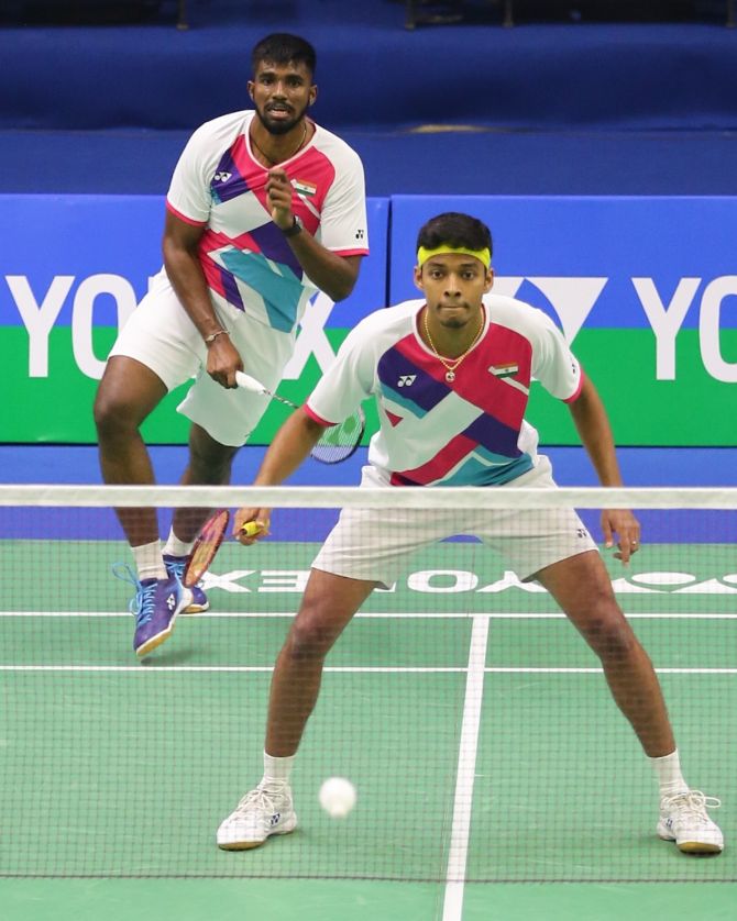 Satwiksairaj Rankireddy and Chirag Shetty in action during their men’s doubles match against compatriots Shyam Prasad and S. Sunjith. 