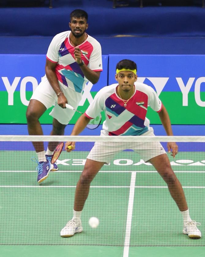 Satwiksairaj Rankireddy and Chirag Shetty in action during their men’s doubles match against compatriots Shyam Prasad and S. Sunjith. 