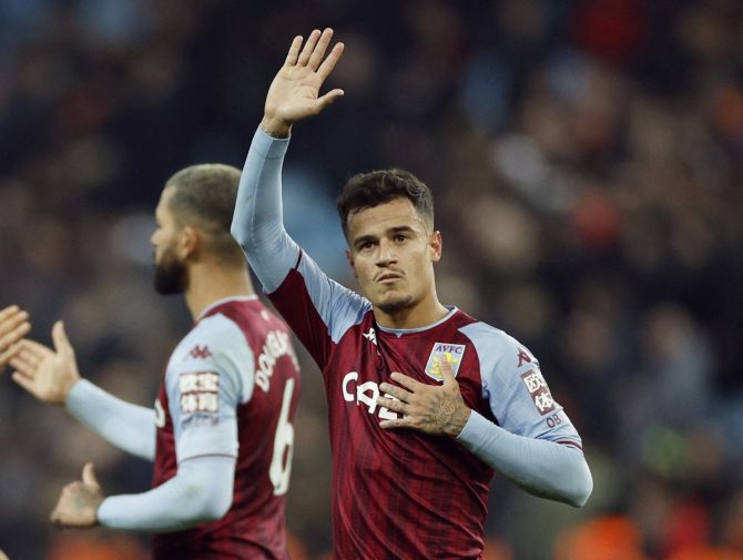 Aston Villa's Philippe Coutinho acknowledges the applause from fans after the Premier League match against Manchester United at Villa Park, Birmingham.