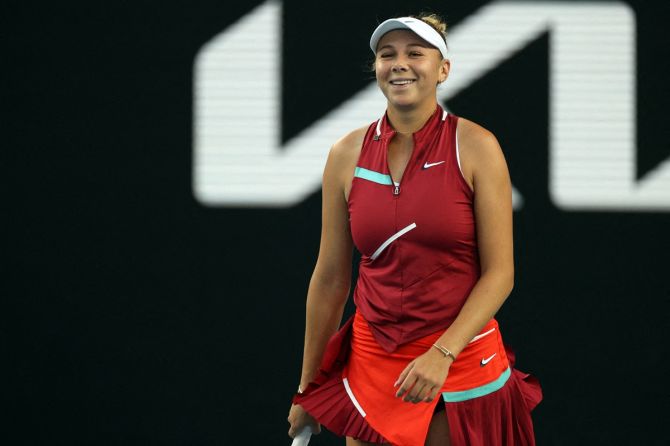 Amanda Anisimova of the United States is all smiles after toppling Japan's Naomi Osaka in the third round of the Australian Open, at Melbourne Park, on Friday.
