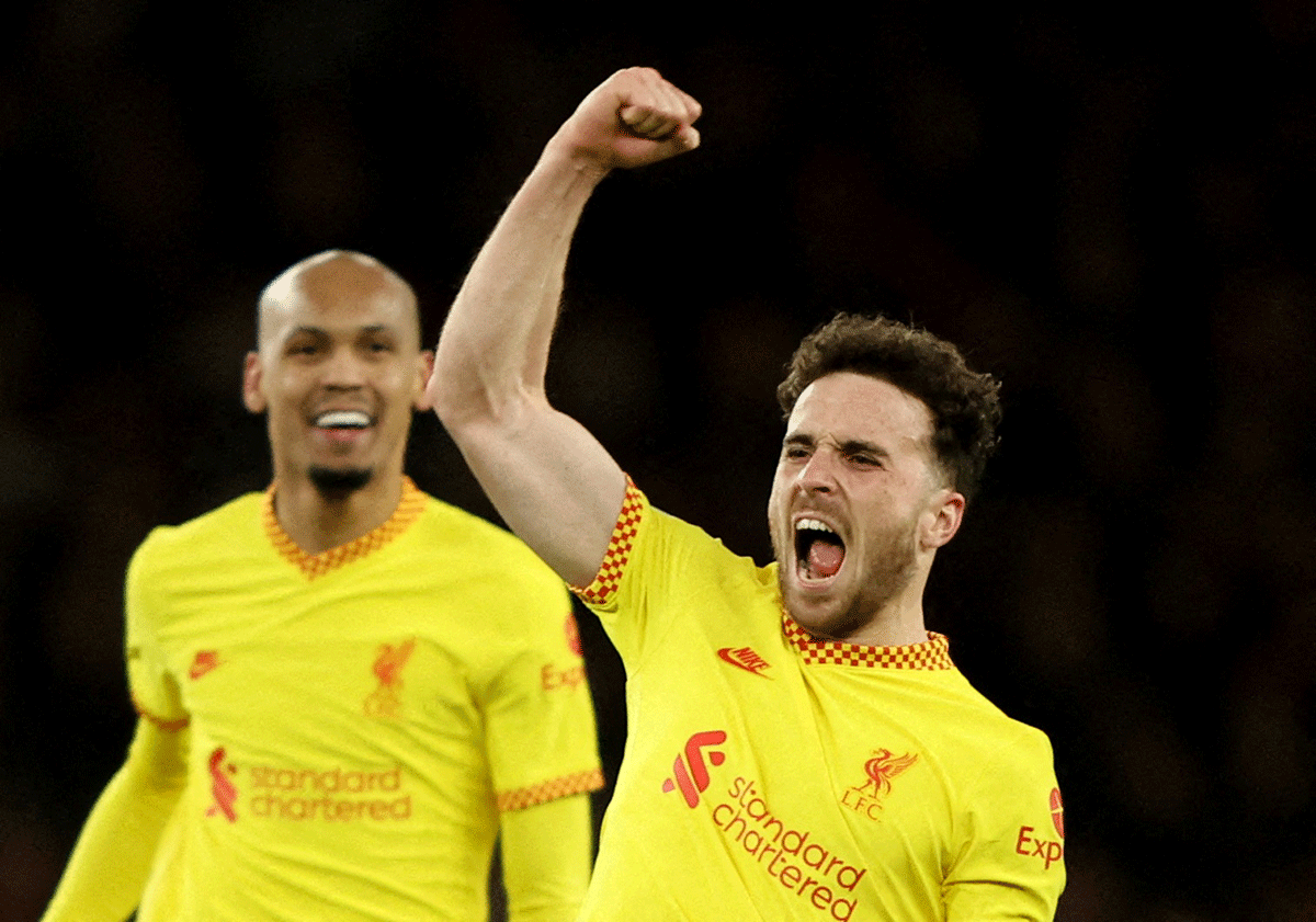 Liverpool's Diogo Jota celebrates scoring their second goal against Arsenal in their League Cup semi-final second leg match at Emirates Stadium in London on Thursday 