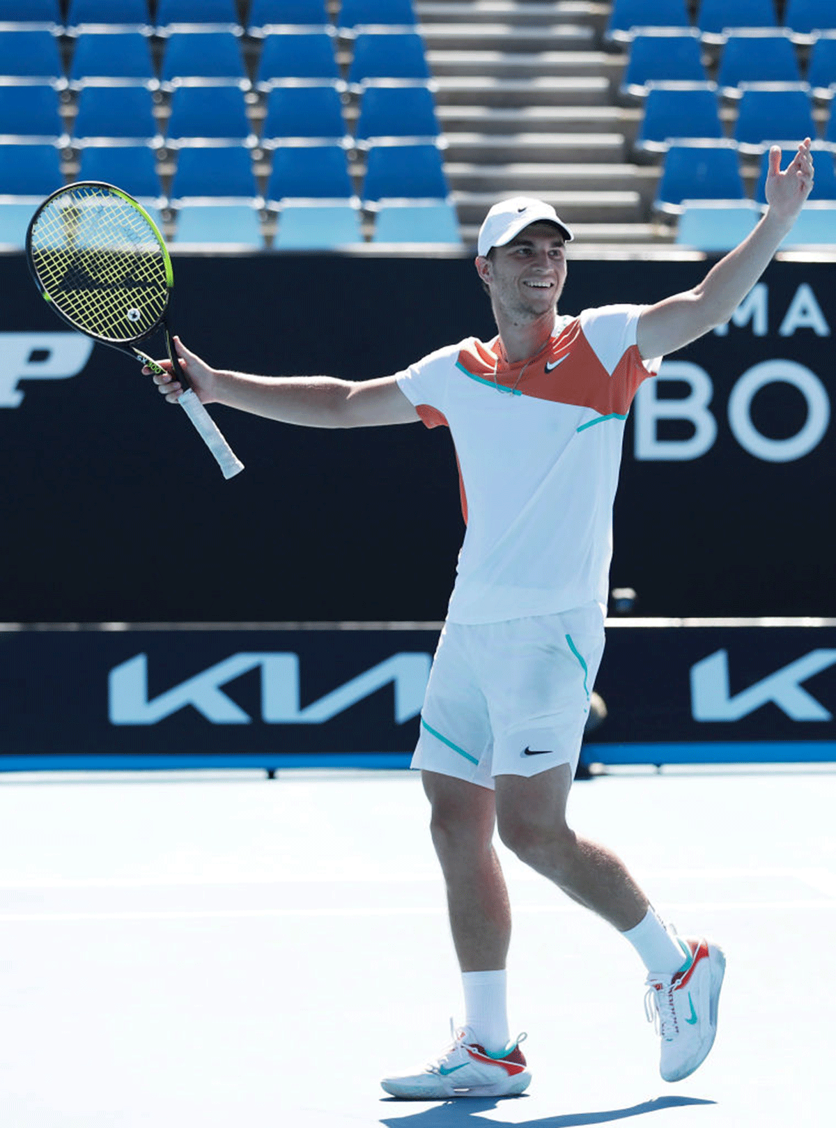 Serbia's Miomir Kecmanovic celebrates match point in his third round singles match against Italy's Lorenzo Sonego