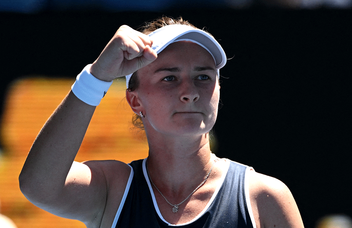 Czech Republic's Barbora Krejcikova celebrates winning her third round match against Latvia's Jelena Ostapenko