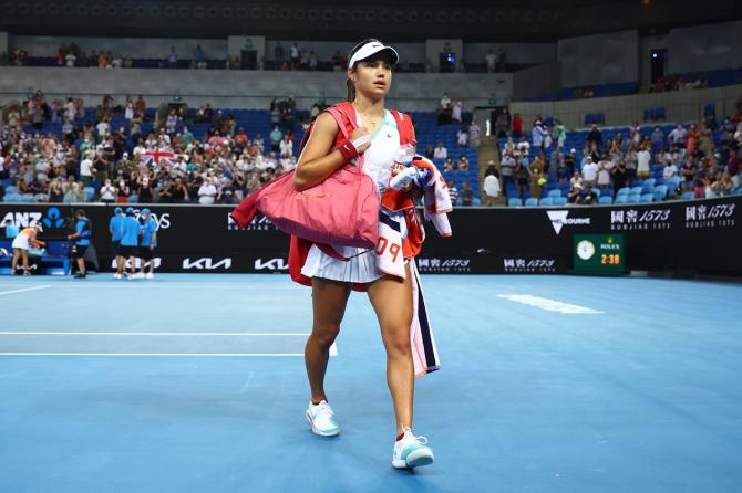 Emma Raducanu walks off court after losing her second round singles match to Danka Kovinic.