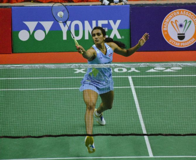 India’s P V Sindhu in action against Thailand's Supanida Katethong in the women’s singles quarter-finals of the Syed Modi International Super 300 tournament, in Lucknow, on Friday.