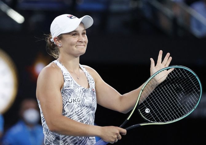 Australia's Ashleigh Barty celebrates winning her fourth round match against Amanda Anisimova of the United States.