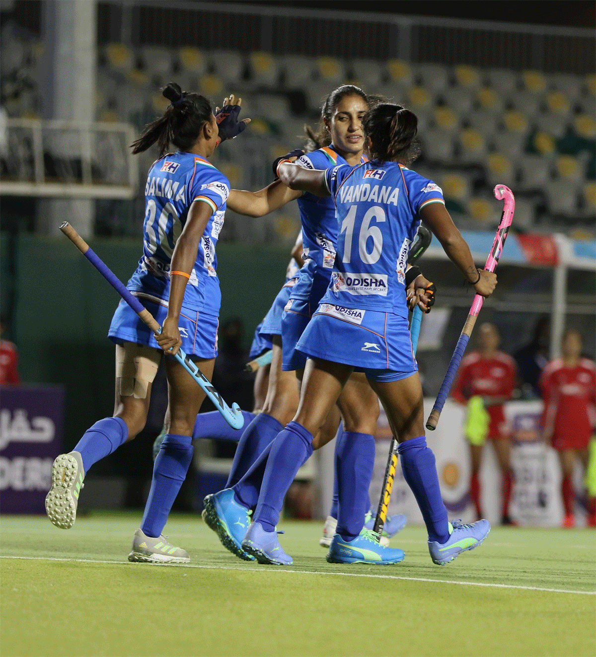 India players celebrate a goal in their 9-1 win over Singapore in their Asia Cup hockey match in Muscat on Monday
