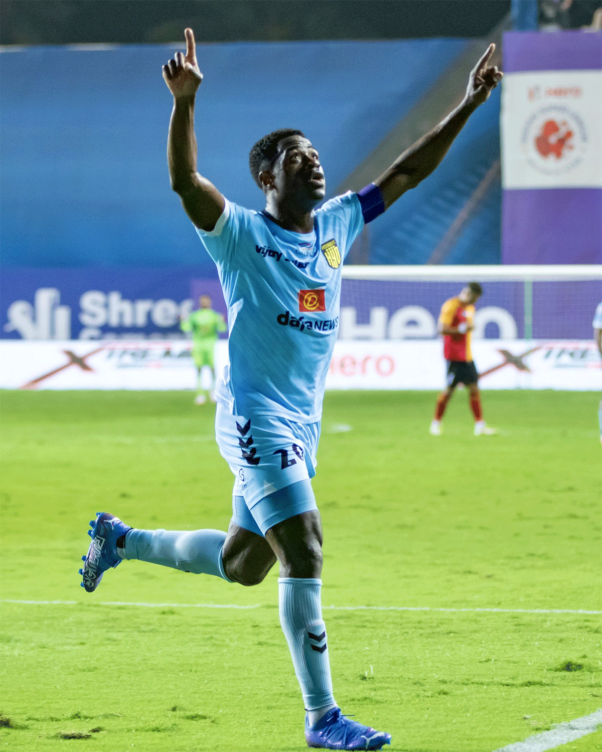 Hyderabad FC's Bartholomew Ogbeche celebrates on scoring a hat-trick against SC East Bengal in their ISL match on Monday