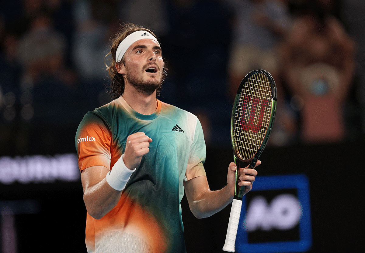Greece's Stefanos Tsitsipas reacts during his fourth round match against Taylor Fritz of the US