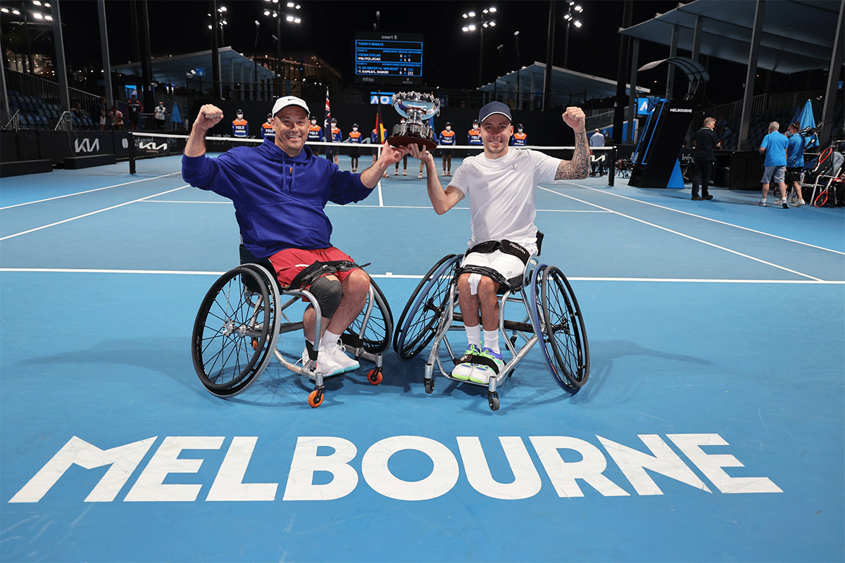 British duo Alfie Hewett and Gordon Reid celebrate on winning the wheelchair men's doubles title at the Australian Open on Wednesday