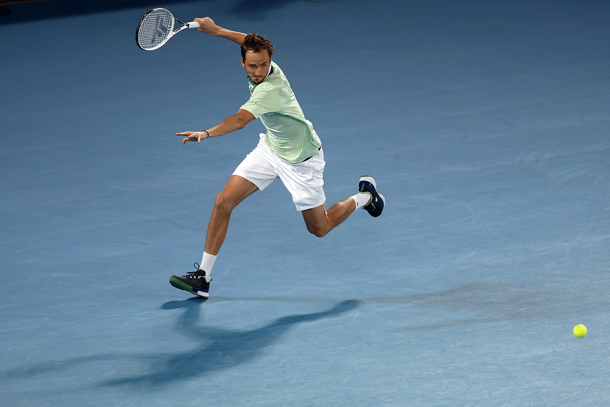 Russia's Daniil Medvedev in action during his quarter-final match against Canada's Felix Auger Aliassime