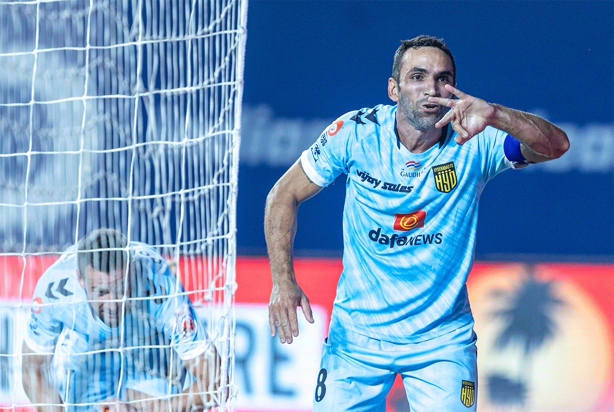 Hyderabad FC's Joao Victor celebrates after scoring