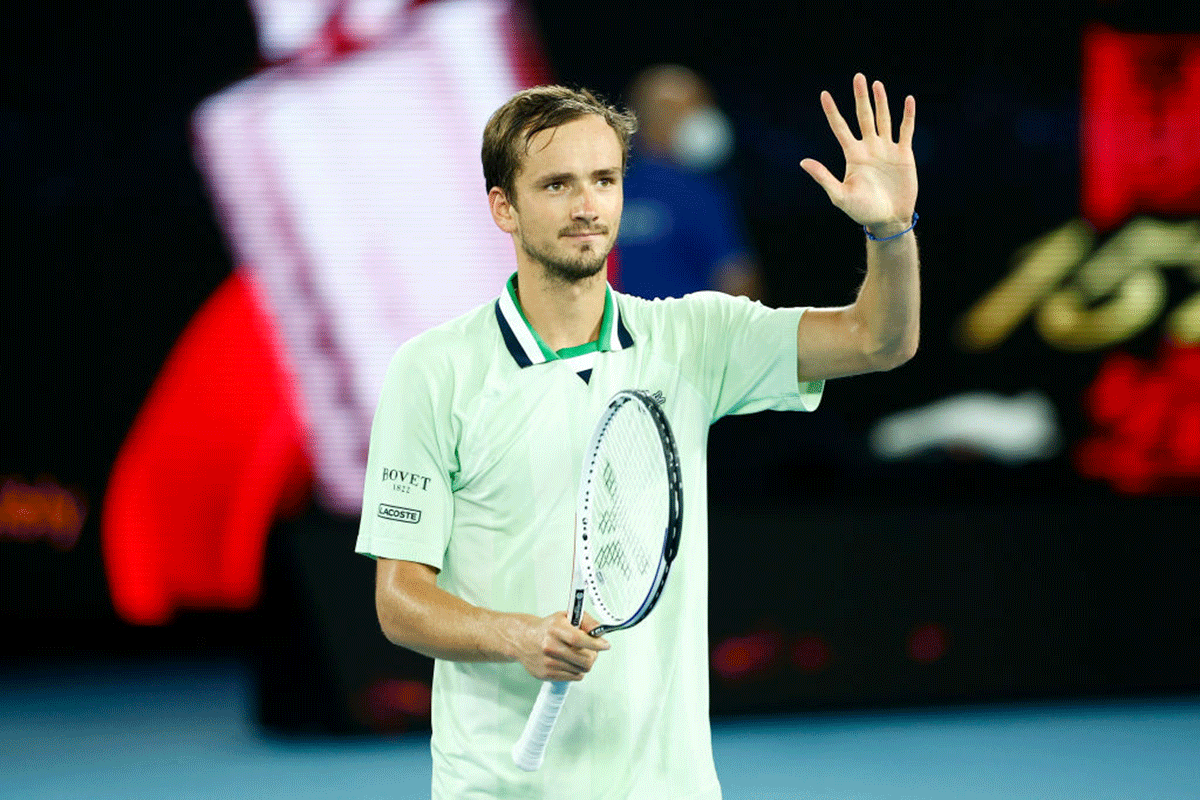 Russia's Daniil Medvedev celebrates match point after defeating Greece's Stefanos Tsitsipas in the Australian Open semi-final on Friday.