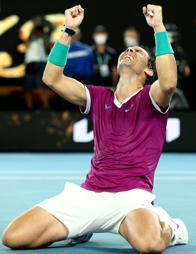 Spain’s Rafael Nadal celebrates match point match against Russia’s Daniil Medvedev to win his 21st Grand Slam on Sunday