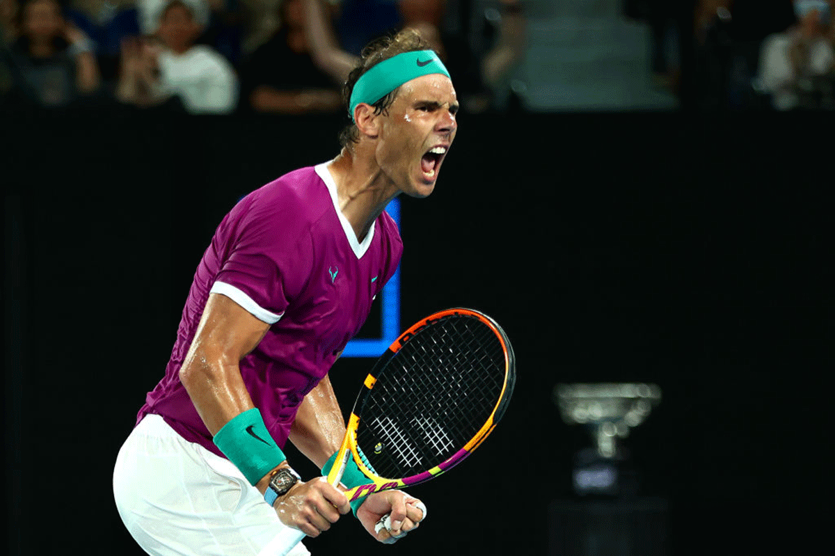 Rafael Nadal celebrates after winning a point in the Australian Open final against Daniil Medvedev on Sunday