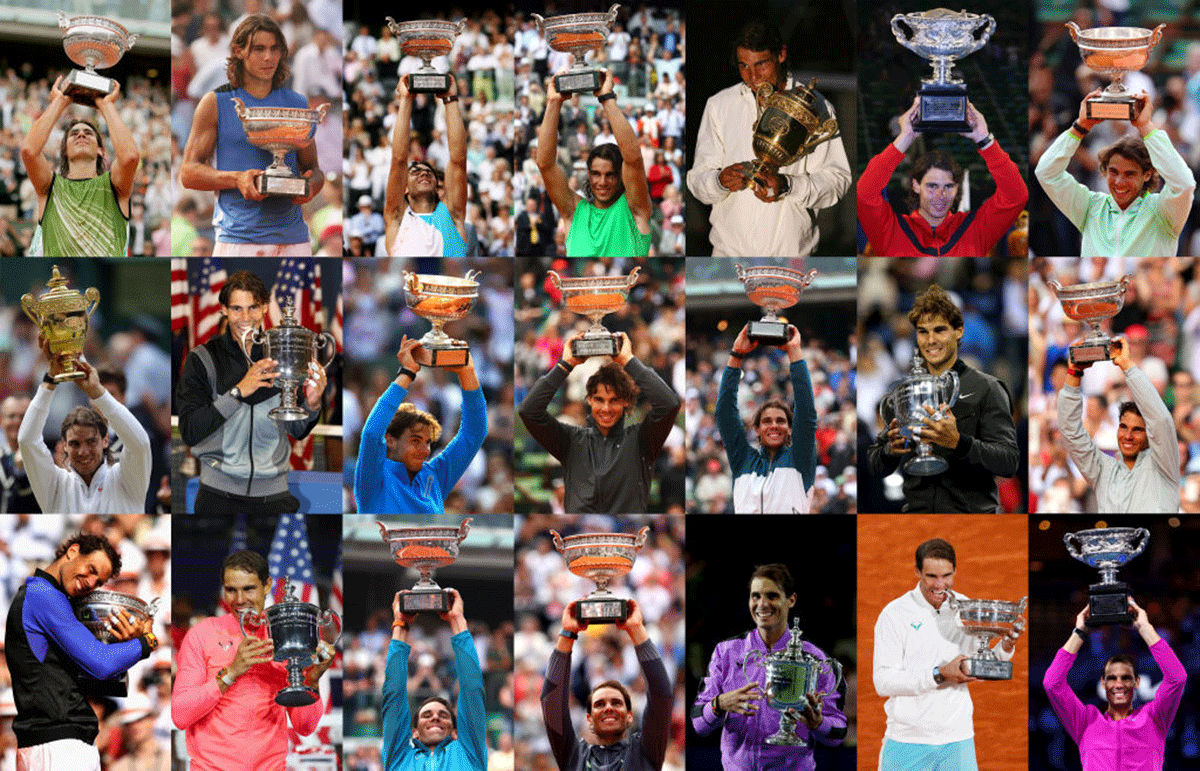 The 21 Grand Slam titles won by Rafael Nadal, from his first the French Open 2005 title (top left) to his most recent the Australian Open 2022 title (bottom right) 