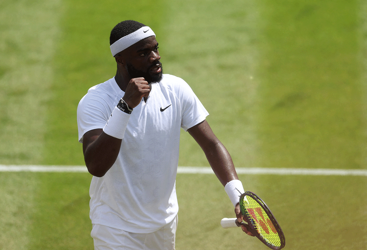 Frances Tiafoe of the US reacts during his third round match against Kazakhstan's Alexander Bublik