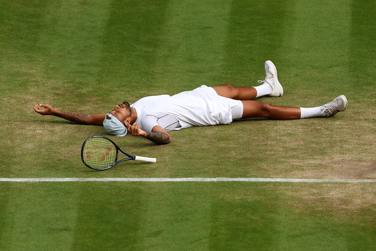 Australia's Nick Kyrgios celebrates winning match point against Chile's Cristian Garin.