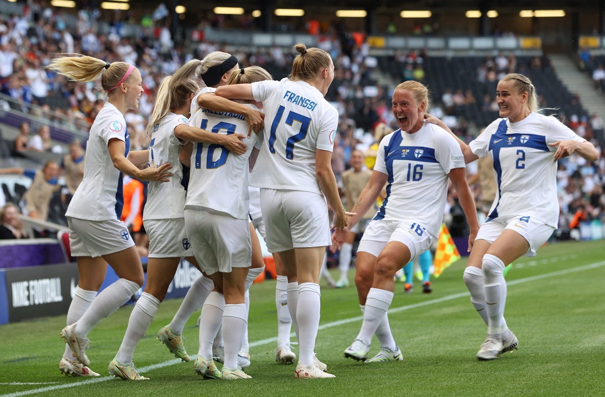 Linda Sallstrom celebrates putting Finland ahead in the match.