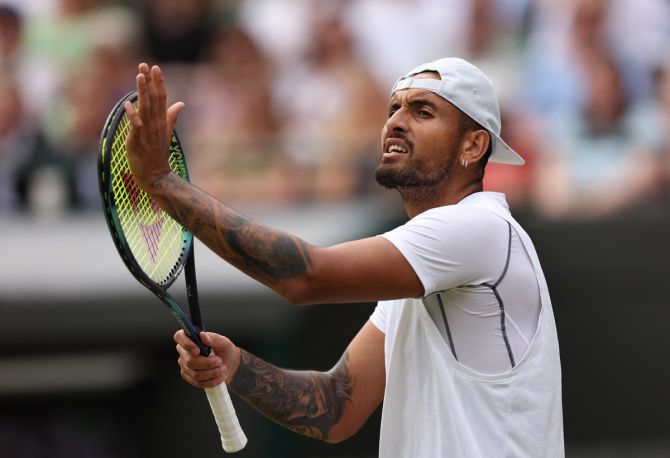 Nick Kyrgios reacts during his quarter-final against Chile's Cristian Garin.