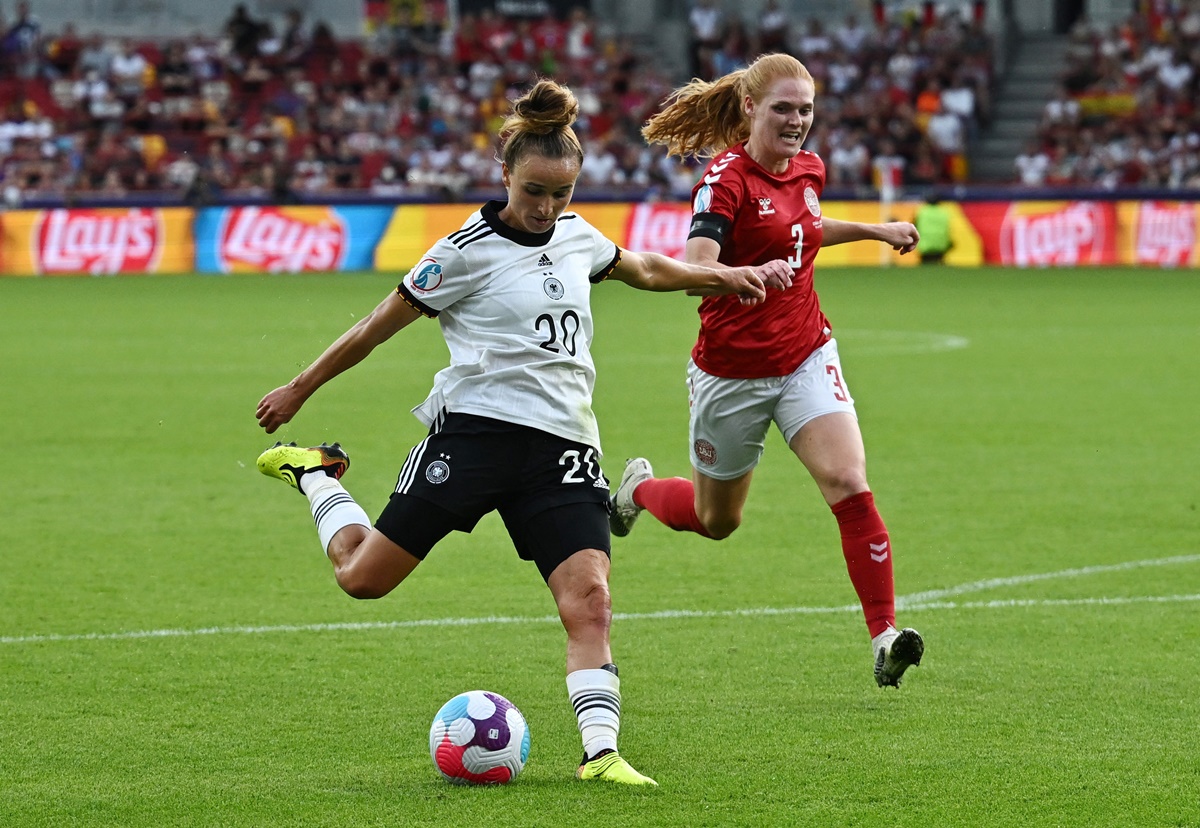 Lina Magull gets into position to score Germany's first goal.