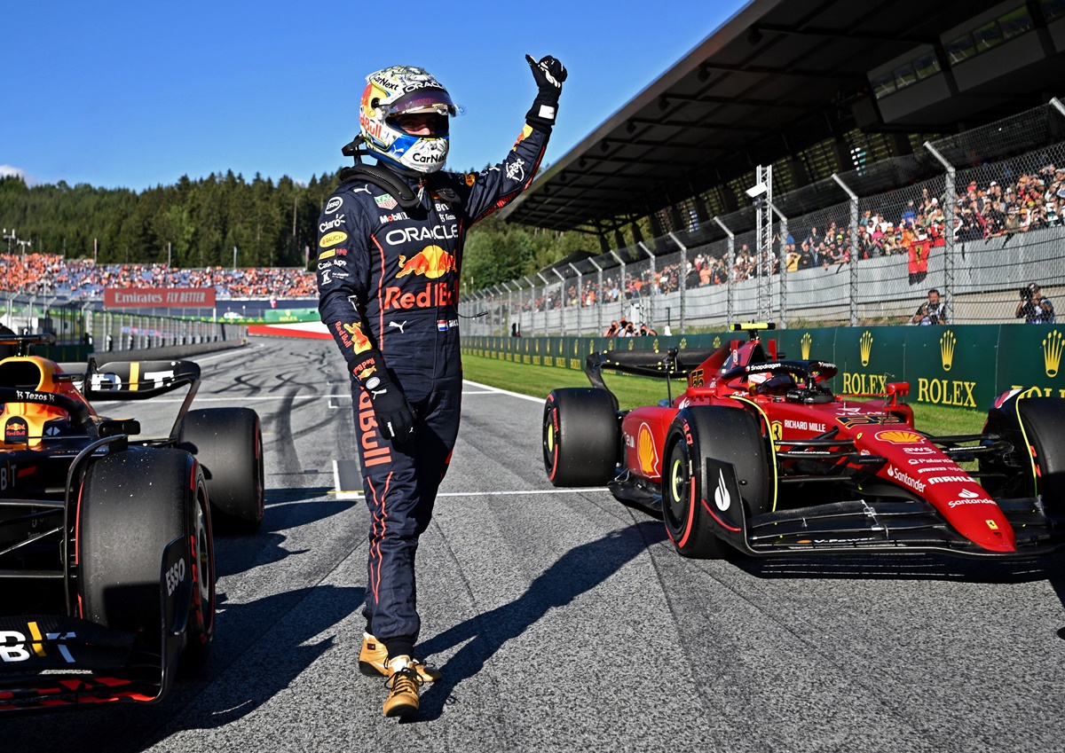 Red Bull's Max Verstappen celebrates after qualifying on pole for the sprint race at the Austrian Grand Prix in Red Bull Ring, Spielberg, on Friday.