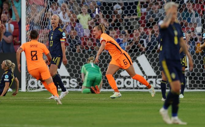 Jill Roord celebrates scoring The Netherlands' equaliser in the women's Euro 2022 Group C match against Sweden, at Bramall Lane, Sheffield, on Saturday.