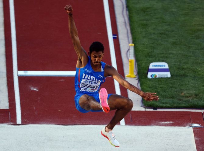 India's Murali Sreeshankar in action during the men's long jump qualification at the World Athletics Championships at Hayward Field, Eugene, Oregon, US, on Saturday.