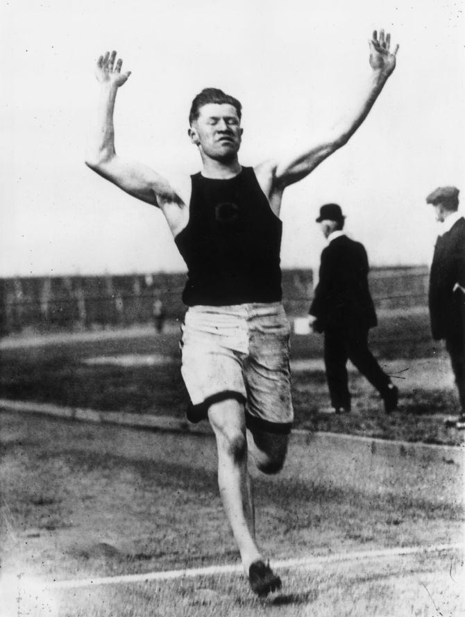 American footballer and athlete Jim Thorpe (1888 - 1953) competing for Carlisle Indian Industrial School at the US Olympic trials in Celtic Park, New York, 18th May 1912.