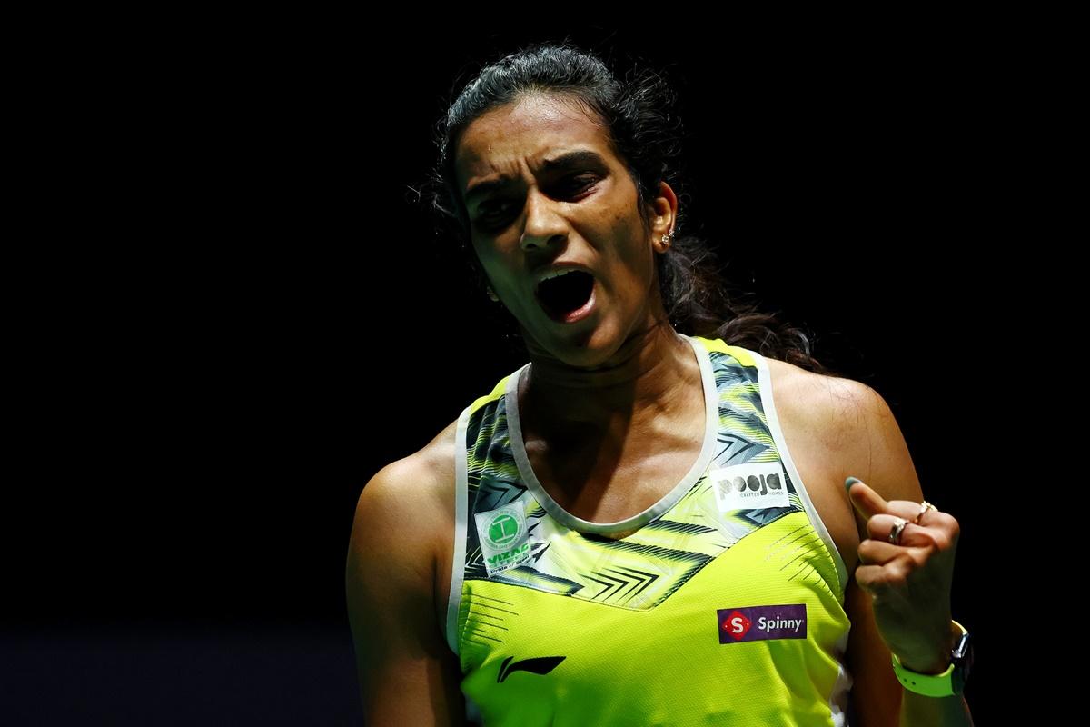 Pusarla V. Sindhu celebrates winning the first game.