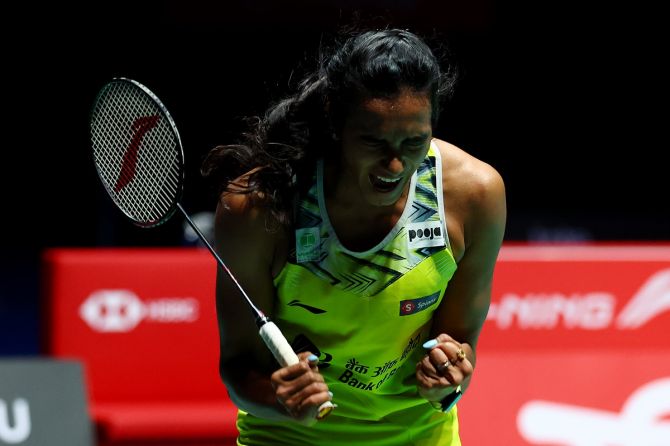 Pusarla V. Sindhu celebrates victory over China's Wang Zhi Yi in the women's singles final of the Singapore Open, at Singapore Indoor Stadium on Sunday