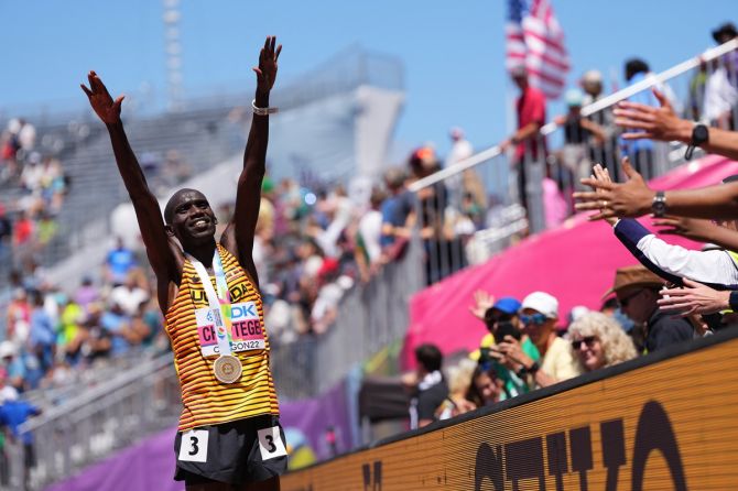 Uganda's Joshua Cheptegei celebrates after winning the men's 10,000 metres final at the World Athletics Championships, at Hayward Field, Eugene, Oregon, on Sunday.