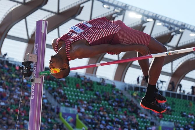 Qatar's Mutaz Essa Barshim competes in the men's high jump finals at the World Athletics Championships in Eugene, Oregon, on Monday.