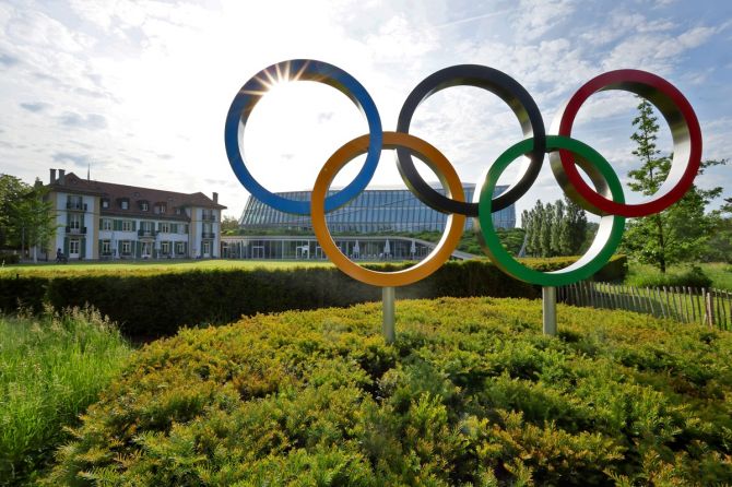 The Olympic rings in front of the International Olympic Committee headquarters in Lausanne, Switzerland.